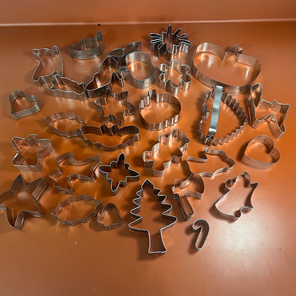 Vtg Metal Cookie Cutter Lot of 29 Holiday Christmas Halloween Shapes Tin Steel